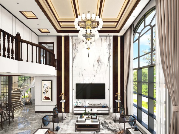 新中式别墅顶墙柜方案004